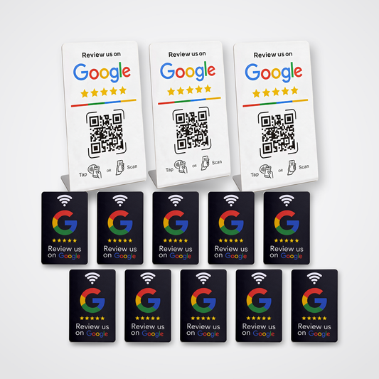 Restaurant-pakken – 10 sorte Google Reviewkort + 3 Google Reviewstandere