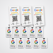 Restaurant-pakken – 10 hvide Google Reviewkort + 3 Google Reviewstandere