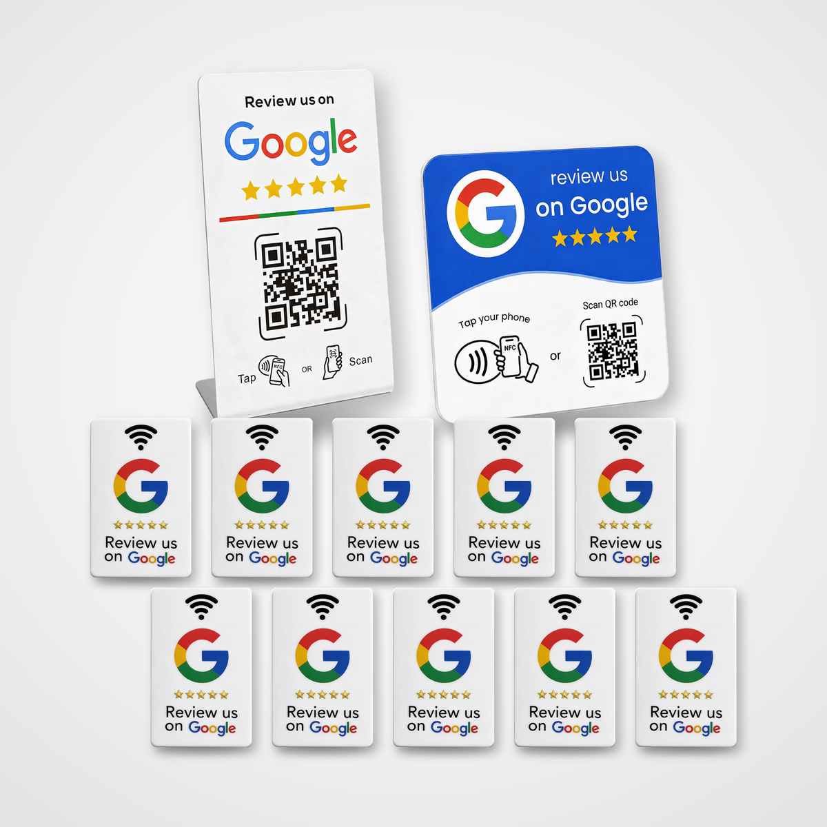 Butiks-pakken – 10 hvide Google Reviewkort + 1 Google Reviewstander + 1 Google Anmeldelsesplade