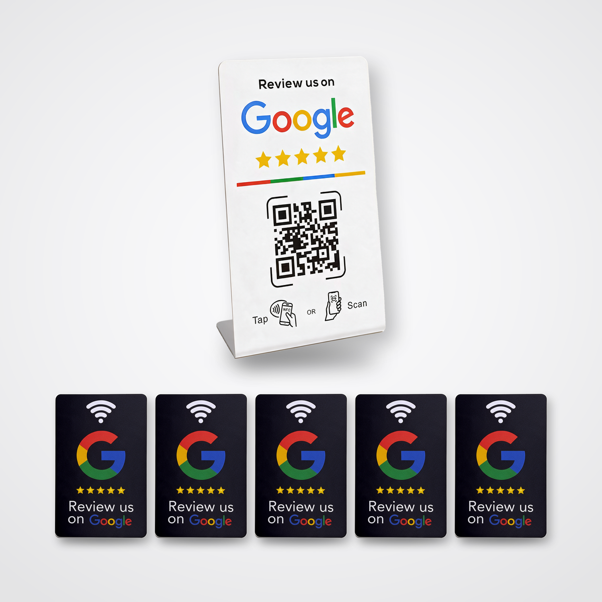 Salon-pakken – 5 sorte Google Reviewkort + 1 Google Reviewstander