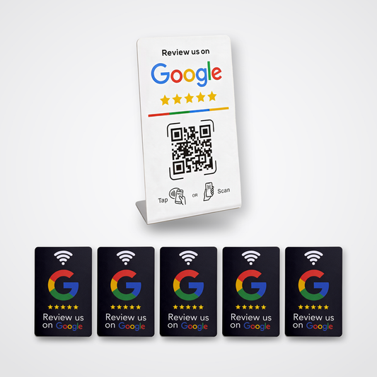 Salon-pakken – 5 sorte Google Reviewkort + 1 Google Reviewstander